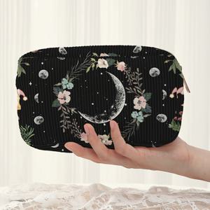 TEMU 플로랄 문 코듀로이 메이크업 백 - 지퍼 클로저가 있는 스타일리시한 여행용 화장품 파우치, 초승달 & 꽃 디자인, 여성용 블랙 폴리에스터 뷰티 오거나이저, 브러쉬 보관함 | 재미있는 디자인 | 부드러운 질감, 메이크업 여행 가방, 엘드 선물, 라마단 선물