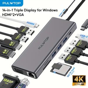 TEMU 맥북, 델, HP, 서피스 노트북용 PULWTOP 14-in-1 USB C 허브 - 듀얼 HDTV + VGA, 100W 전원 공급, 기가비트 이더넷, SD/TF 카드 리더기, 오디오 및 마이크, 플러그 앤 플레이 멀티포트 어댑터, 노트북용 USB 허브