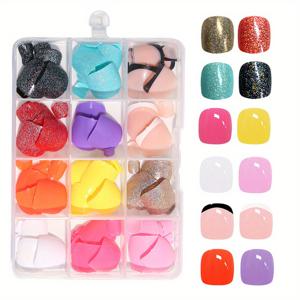 TEMU 288개 짧은 사각형 프레스온 발톱 세트 - 광택 마감, 순수한 색상 & 글리터 다양성, 발을 위한 풀 커버 인조 손톱 팁, 12가지 색상 투명 발톱 키트