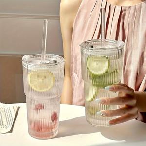 TEMU 2개 재사용 가능한 유리 텀블러 뚜껑 & 빨대 포함 - 600ml/21oz, 아이스 커피, 스무디, , 쉐이크용 리브 디자인 - 고품질, 손세척 전용, 여성, 생일, 계절 음료용 완벽한 선물, 커피 텀블러