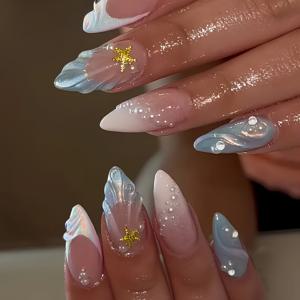 TEMU 아몬드 네일 3D 웨이브 오션 시리즈 24개 세트, 순수한 욕망 펄 스타 패션, 모든 여성에게 적합, 네일 파일 및 젤리 글루 포함, 간편한 부착 및 착용