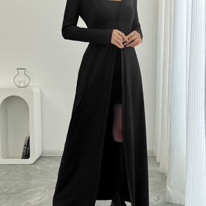 TEMU 여성용 우아한 긴 소매 버튼업 카디건 재킷 - 슬림핏, 오픈 프론트, 블랙 롱라인 & 카디건, 봄/가을용, 우아한 이벤트 의상 | 버튼업 롱 재킷 | 롱라인 재킷