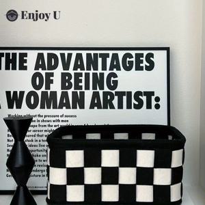 TEMU 다용도 블랙 & 화이트 체크무늬 수납 바구니 - 화장품, 간식, 장난감, 침실 필수품에 완벽, 선반 바구니