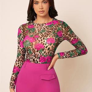 TEMU 여성용 섹시한 반투명 메쉬 탑 - & 플로럴 프린트, 봄/가을용 라운드넥 블라우스, 기계 세탁 가능 캐주얼~이브닝웨어, 우아한 오버레이 패션, 스트레치 원단