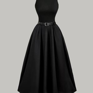 TEMU 조절 가능한 블랙 벨트가 있는 여성용 민소매 레드 드레스 - 핏 좋은 탑 & 부드러운 스커트, 라운드 넥 A라인 실루엣, 사계절 다용도 캐주얼, 데이트 나이트, 휴가 및 공식 행사용, 우아한 패션, 고품질 공예, 내구성 있는 소재, 스타일리시 여성용