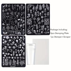 TEMU 3개 세트 로즈 플라워 스테인리스 네일 아트 스탬핑 플레이트와 스탬퍼 세트, 봄 꽃 잎 식물 Y2K 나비 달 패턴 네일 프린팅 스테인리스 스틸 스텐실 템플릿