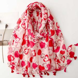 TEMU 우아한 레드 하트 패턴 발리 실 쇼울 태슬 장식 - 여성용 가벼운 통기성 폴리에스터 스카프 | 스타일, 모든 계절에 어울리는 여행 및 캐주얼 복장용 | 하트 모양, 외출용