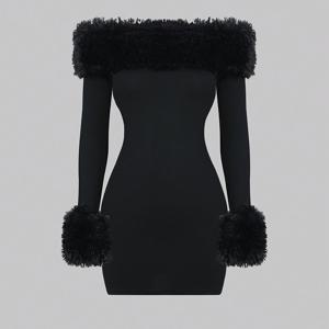 TEMU 우아한 오프숄더 바디콘 드레스, 인조 퍼 칼라 - 슬림핏, 긴 소매, 솔리드 블랙, 데이트 나이트 & 출퇴근용 다용도, 사계절 착용 가능, 슬림핏 드레스|슬림한 실루엣