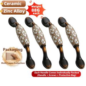 TEMU 4개 아연 합금 세라믹 캐비닛 손잡이 | 플로럴 패턴의 모던 스타일, 녹 방지 및 내구성, 주방 캐비닛, 옷장, 서랍 및 드레서에 적합 - 나사 포함 개별 포장