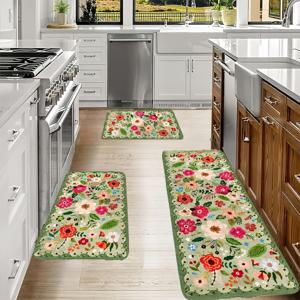 TEMU 러브 도어 2/3pcs 빈티지 플로럴 매트 세트 - 미끄럼 방지 부드러운 그린 주방 매트, 두께 1cm 쿠션 PVC 백킹, 세탁기 사용 가능 헤비듀티 매트 (핑크/레드/베이지) 다이닝룸, 세탁실, 복도용 - 내구성 있는 폴리에스터 타일