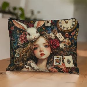 TEMU 환상적인 메이크업 백 - 꿈결 같은 토끼 & 카드 디자인, 지퍼 클로저가 있는 화이트 코스메틱 파우치, 여성/남성용 휴대용 멀티유즈, 학생 및 자매를 위한 이스터 선물, 간식 보관함, 필통, 미니 메이크업 가방, 생동감 넘치는 디테일 아트워크와 품질의 공예|필통