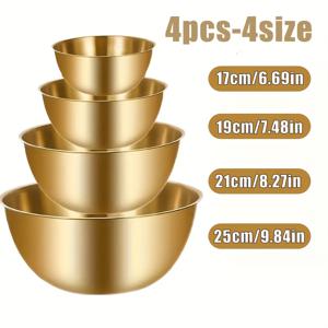 TEMU 4개 스테인리스 스틸 골드 볼, 스케일이 있는 샐러드 볼, 반죽, 야채 세척, 과일용 4가지 사이즈, 피크닉, 파티, 휴일용 서빙 용품, 스택 가능 보관, 공간을 차지하지 않음