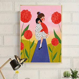 TEMU 따뜻한 핑크 배경의 정원 속 어머니와 아이 그림, 꽃무늬로 장식된 사랑과 애정이 가득한 작품, 방과 집 공간에 어울리는 다양한 사이즈, 액자 미포함