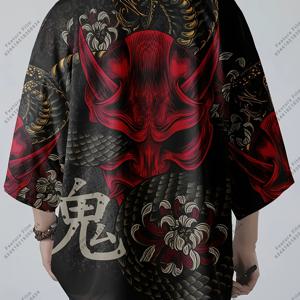 TEMU 레드 & 화이트 드래곤 디자인을 갖춘 빈티지 스타일 블랙 김노 로브 - 캐주얼 루즈핏, 여름용, 소매 낡은, 드래곤 타투, 김노 카디가, 중국 사이즈, 사이즈 가이드를 꼼꼼히 확인해 주세요, 일본 김노 셔츠, 남성 김노 셔츠, 우키요 하오리