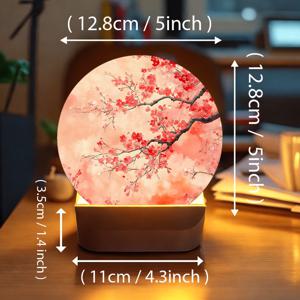 TEMU 1개 일본 벚꽃 무드등 - 조절 가능한 밝기, 침대 옆 탁상용 램프, 일본 테마 장식 - 부드러운 핑크 빛, 플러그 없이 작동, 버튼 제어, 내구성 있는 플라스틱 (선물용 추천, 2D 평면)