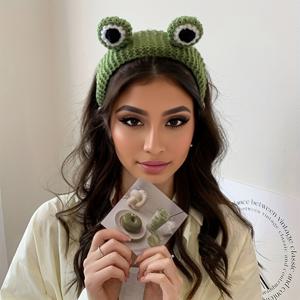 TEMU 여성용 귀여운 개구리 눈 니트 헤어밴드 1개 - 메이크업, , 파티 및 공연용 그린 폴리에스터 헤어 액세서리, 손세탁 전용