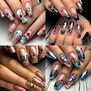 TEMU 96개 우아한 나비 및 꽃 프레스 온 네일 - 광택 있는 마무리, 여성의 일상 사용 및 특별한 기회에 적합, 젤 폴리시 및 네일 파일 포함, 축제용 네일 아트 | 우아한 네일 디자인 | 광택 있는 마무리 네일