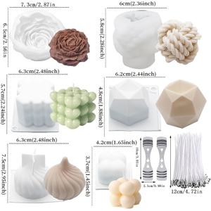 TEMU 【6개 세트】DIY 캔들 만들기용 실리콘 몰드 6개, 심지 50개, 심지 홀더 2개 포함, 실볼 버블 캔들 몰드, 장미 실리콘 몰드, DIY 아로마테라피 캔들 만들기