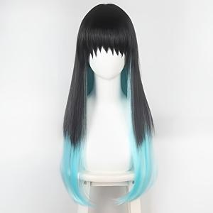 TEMU 고온용 섬유코스 가발 블랙 컬러 혼합 파랑-녹색 헤어 커버 블랙-블루-그린 3피스 롱 스타일 가발 다목적 모델