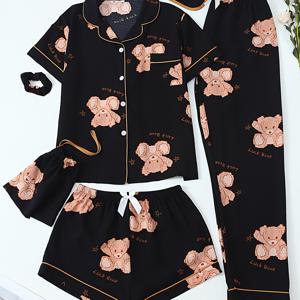 TEMU 6개 세트의 청소년용 파자마, 짧은 소매와 반바지, 곰 프린트가 있는 제품입니다.