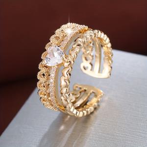 TEMU 스타일의 귀여운 하트 모양의 오픈 링, 큐빅 지르코니아 장식, 금색 코팅, 조절 가능한 디자인, 어머니의 날 선물로 완벽한 여성용 보석