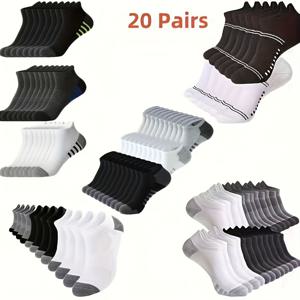 TEMU 남성용 운동용 발목 양말 20켤레 세트 - 통기성 좋고 땀 흡수, 다양한 색상(검정, 하얀색, 회색, 진한 파랑), 편안함과 지지를 위한 리브 커프스, 러닝 및 캐주얼 착용에 적합