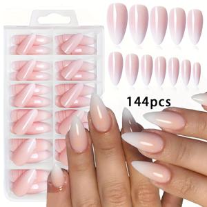 TEMU 144개 중간-긴 아몬드 네일 익스텐션, 화이트 프렌치 그라데이션 - 글로시 프레스온 네일, 젤리 글루 3개, 미니 네일 파일 3개 & 프레스온 스틱 3개 포함 - 여성 및 여성용 홈 미용실 품질 매니큐어/페디큐어 - 일상 및 공식 행사