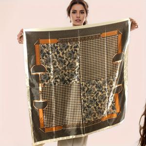 TEMU 여성용 엑스트라 롱 35인치 스카프 - 우아한 골드 & 블랙 천사 새 프린트, 비치 파티 및 일상용 경량 통기성 헤어 액세서리 & 머리띠 - 논스트레치 보호 시크 패션 액세서리, 빈티지 감각, 정교한 패턴, 다용도 헤드웨어, 보호 애호가, 해변 커버업, 기하학적 프린트, 소재, 피스