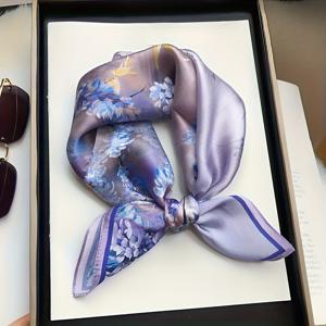 TEMU 1pc 여성용 우아한 보라색 꽃무늬 프린트 실크 스카프 - 부드러운 사각형 목보호대, 가벼우면서 장식적, 캐주얼한 외출에 완벽, 우아한 목장식 | 꽃무늬 프린트 디자인 | 텍스처