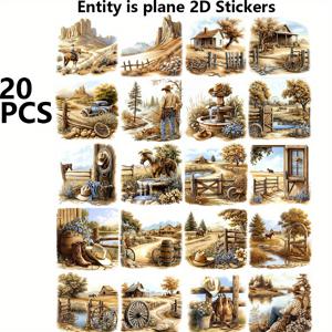 TEMU 20개 서부 스티커 팩 - 와일드 웨스트 목장 테마, 카우걸, 말, 선인장, 살루, 왜건 휠 - 매트/글로시 데칼 DIY 공예, 스크랩북, 저널, 노트북, 플래너용 (불규칙한 모양)