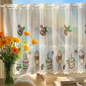 TEMU 1pc 빈티지 프랑스 농촌 레이스 파티션 커튼, 자수 꽃 커피 컵 디자인 - 반투명 폴리에스터, 입구 또는 베이 창문 장식용 로드 포켓 스타일, 모든 계절 사용, 커피 바 액세서리