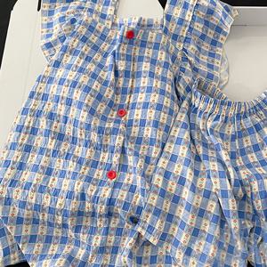 TEMU 2025년 신상 스타일의 블루 체크무늬 여름 잠옷, 작은 플러터 소매, 브라 내장, 반바지 포함.