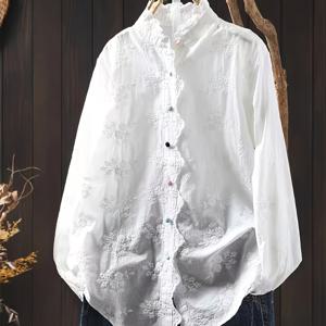 TEMU 여성용 루즈 자수 블라우스, 꽃무늬 자수 & 레이스 트림 - 스탠드업 칼라 긴팔 버튼 프론트 셔츠, 기계 세탁 가능 사계절 캐주얼 & 오피스웨어 탑, 비침 방지 원단