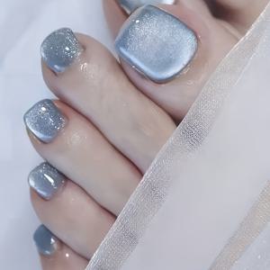 TEMU 여성을 위한 24개의 여름 하늘 파란색 고양이 눈 나일 아트 - 분리 가능, 거울 같은, 오발 모양, 반짝이는 발톱, 달콤하고 세련된 전체 커버지 발톱, 나일 아트 액세서리 | 반짝이는 나일 디자인 | 거울 같은 마무리 발톱, 발톱 장식