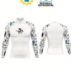 TEMU MALFC 남성용 긴팔 서핑 웨트수트 탑 - 퀵 드라이 고탄력 수영 셔츠, 서핑 그래픽 프린트, 흡습성 & 서핑, 수영용