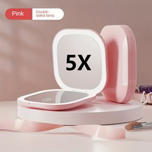 TEMU 1개 듀얼 라이트 LED 메이크업 미러, 양면 1X & 5X 3색 조절 밝기, 5배 확대 미니 여행용 접이식 휴대용 조명 화장대, 홈 오피스 선물 휴가 선물, 소형 메이크업 미러, 핸드헬드 미러, 여성용 포켓 미러, 귀여운 컴팩트 미러, 핸드백용 소형 미러