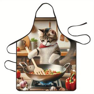 TEMU 1개 귀여운 고양이 요리 앞치마 - 조절 가능한 목 스트랩, 튼튼한 폴리에스터, 주방 사용에 적합, 요리, 설거지, 베이킹에 이상적, 주방 앞치마 | 장난기 넘치는 디자인 | 조절 가능한 스트랩, 주방 앞치마