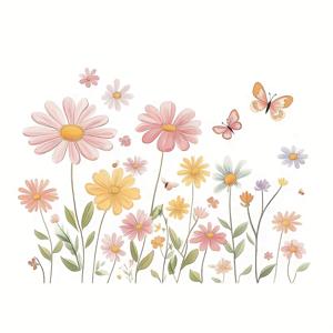 TEMU 2pcs 컬러풀한 꽃 벽 스티커 - 핑크, 석류, 노란색, 파란색 및 녹색 꽃과 나비가 있는 현대적인 비닐 스티커 - 거실, 침실 또는 가정 벽에 대한 제거 가능한, 자체 접착형 장식, 꽃 장식