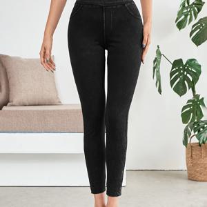 TEMU 여성용 하이웨이스트 스트레치 슬림핏 나인포켓 팬츠 - 부드럽고 편안한 캐주얼 운동복, 블랙, 올시즌 일상복, 체육관 팬츠, 세련된 디자인, 부드러운 질감