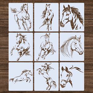 TEMU 말 17.78*15.24cm/6*7인치 재사용 가능한 페인팅 템플릿 9개 세트, 낙서, 추적, 스프레이 페인팅, 타투, 캔버스, 종이, 천, 바닥, 책, 프레임, 벽, 가구에 적합. 인사 카드 및 초대장에 사용 가능. 세탁 가능한 DIY 예술 작품. 홈 데코용 공예 템플릿