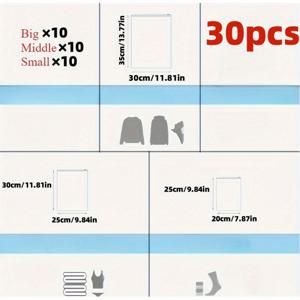 TEMU 30개 재사용 가능한 투명 지퍼 보관백 - 3가지 사이즈 (대형/중형/소형) 고품질 여행 정리함, 옷·신발 수납용, 공간 절약, 내구성 & 방수 기능, 의류 보호, 튼튼한 지퍼, 홈 오거나이저