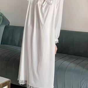 TEMU 여성용 달콤한 공주 레이스 트림 롱 슬리브 나이트가운 - 부드러운 흰색 루즈핏 파자마 드레스, 반바지 칼라 및 팔꿈치, 봄/가을에 완벽한, 편안한 홈웨어, 편안한 라운지웨어 | 공주 스타일 드레스 | 레이스 트림 디테일링