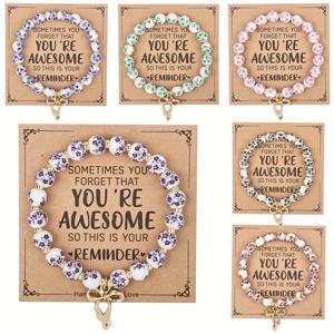 TEMU 6개 세라믹 꽃 팔찌 | 8mm 수제 탄성 비즈, 보우 펜던트, 빈티지 글레이즈, 빛나는 세련된 작은 행복, 6장의 소고기 종이 축복 카드 포함, 여성용 일상 착용 선물 팔찌