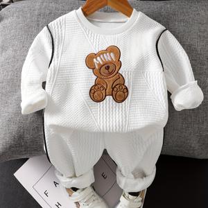 TEMU 새로운 봄/가을 만화 곰돌이 프린트 흰색 긴팔 스웨트셔츠 (라운드넥) + 탄성 허리 긴 바지, 남아용 스타일리시 아웃핏, 야외 활동에 적합