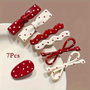 TEMU 빈티지 레드 도트 헤어 클립 세트 7개, 스위트 & 플레이풀 보우노트 사이드 클립, 귀여운 Y2K 여성용 헤어핀 싱글 라인 클립, 파티 및 일상 사용에 적합한 고급스러운 우아한 헤어 액세서리|머리핀