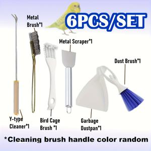 TEMU 6개 스테인레스 스틸 새집 청소 브러시 세트 - 내구성, 사용하기 쉬운 소형 동물, 파케트 및 새용 분뇨 제거기 - 스크러버, 스크레이퍼 및 청소 도구가 포함되어 있으며 무작위 색상 나무 손잡이가 있습니다. 새집 액세서리, 새집 청소 키트, 새집 청소기