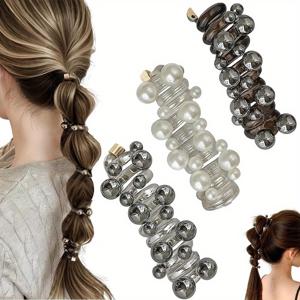 TEMU 3개 세트 반짝이는 진주 전화선 헤어 타이 - 골드 악센트가 있는 스위트 스타일 하이 포니테일 홀더, 블랙 & 클리어 비즈, 데이용 다용도 헤어 액세서리, 데이 헤어 타이 | 우아한 헤어 액세서리 | 내구성 있는 헤어 타이, 헤어 액세서리