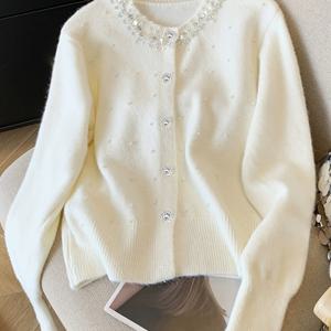 TEMU 여성용 우아한 비즈 카디건 - 시크한 긴팔 오픈 프론트 스웨터, 진주 장식, 크림색, 가을 & 겨울에 완벽, 캐주얼부터 포멀웨어까지, 캐주얼 겨울복 | 시크한 긴팔 | 진주 장식 카디건, 여성 패션 스웨터 | 카디건 | 레트로 감성, 유명한 품질의 직조 능력, 솔리드 게이크 디자인 플리스 제품 특징, 사진 윈드 효율성, 패션 더트 이름|가디건
