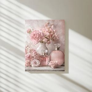TEMU [2D 플랫] 빈티지 플로럴 향수병, 부드러운 핑크 장미, 파스텔 꽃이 장식된 2D 캔버스 아트워크 1개. 이 액자형 벽걸이 그림은 침실, 거실 또는 홈 오피스 장식에 완벽하며 코티지코어를 반영합니다.