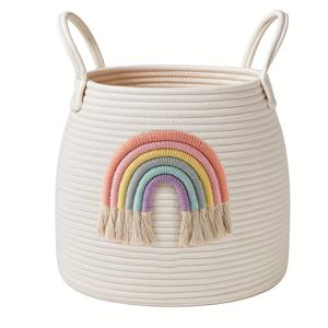 TEMU Yiuswoy 아트 데코 무지개 보관 바구니 - 튼튼한 폴리에스터 로프 짠 핸들 포함 다용도 홈 & 기숙사 책, 수건, 장작, 캠핑 용품 정리함 - 침실, 욕실, 거실, 기숙사 조직을 위한 쉬운 운반 디자인 선반 바스켓|책꽂이